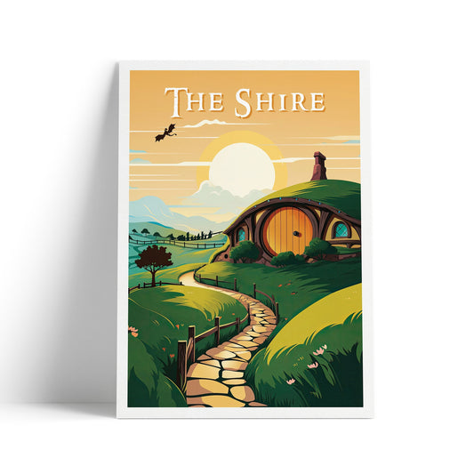 The Shire Travel Poster | Hobbiton Retro Middle-Earth Print | Dragon | Vintage Travel Poster Art | LOTR