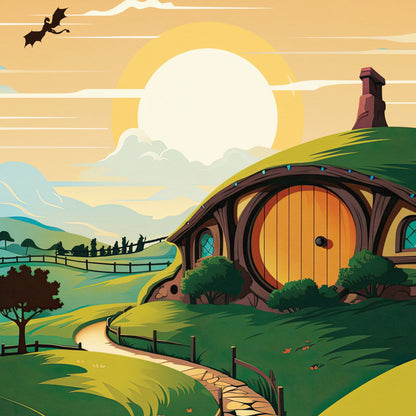 The Shire Travel Poster | Hobbiton Retro Middle-Earth Print | Dragon | Vintage Travel Poster Art | LOTR