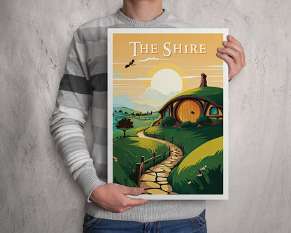 The Shire Travel Poster | Hobbiton Retro Middle-Earth Print | Dragon | Vintage Travel Poster Art | LOTR