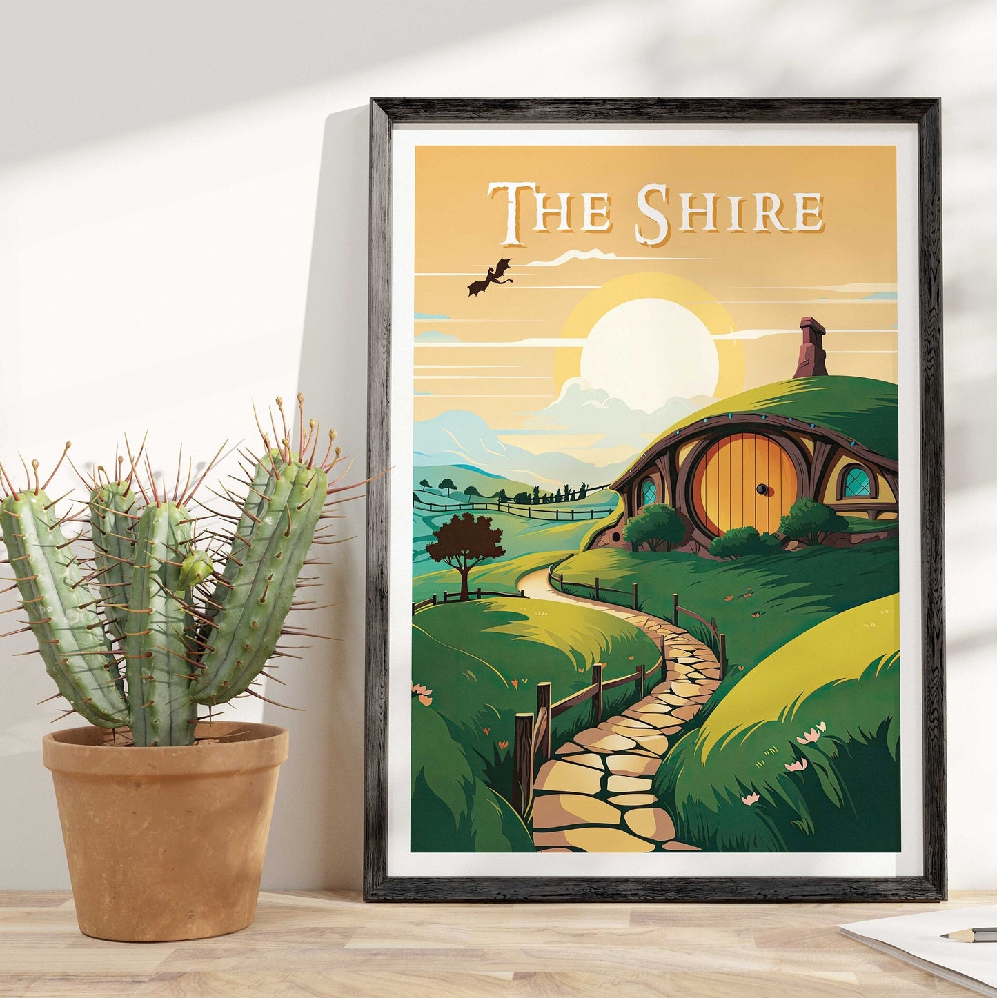 The Shire Travel Poster | Hobbiton Retro Middle-Earth Print | Dragon | Vintage Travel Poster Art | LOTR