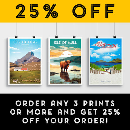 Isle of Mull Travel Poster - Highland Cow in the Sea | Scotland | Inner Hebrides | Argyll and Bute | Mull Print | Birthday Gift | Home Decor