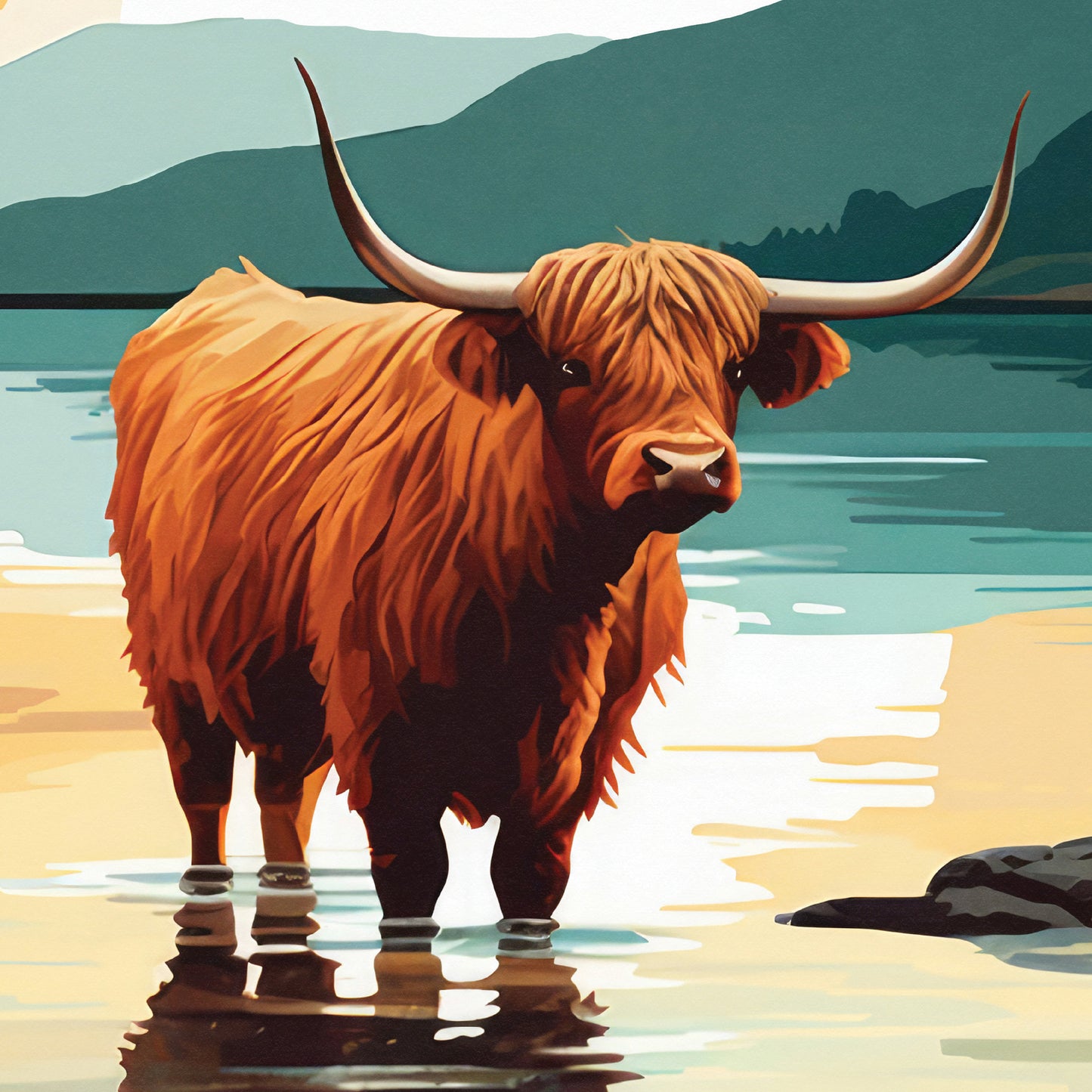 Isle of Mull Travel Poster - Highland Cow in the Sea | Scotland | Inner Hebrides | Argyll and Bute | Mull Print | Birthday Gift | Home Decor