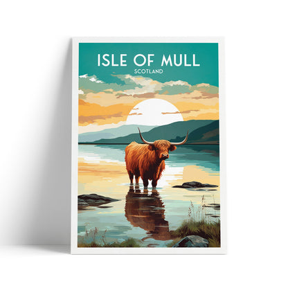 Isle of Mull Travel Poster - Highland Cow in the Sea | Scotland | Inner Hebrides | Argyll and Bute | Mull Print | Birthday Gift | Home Decor