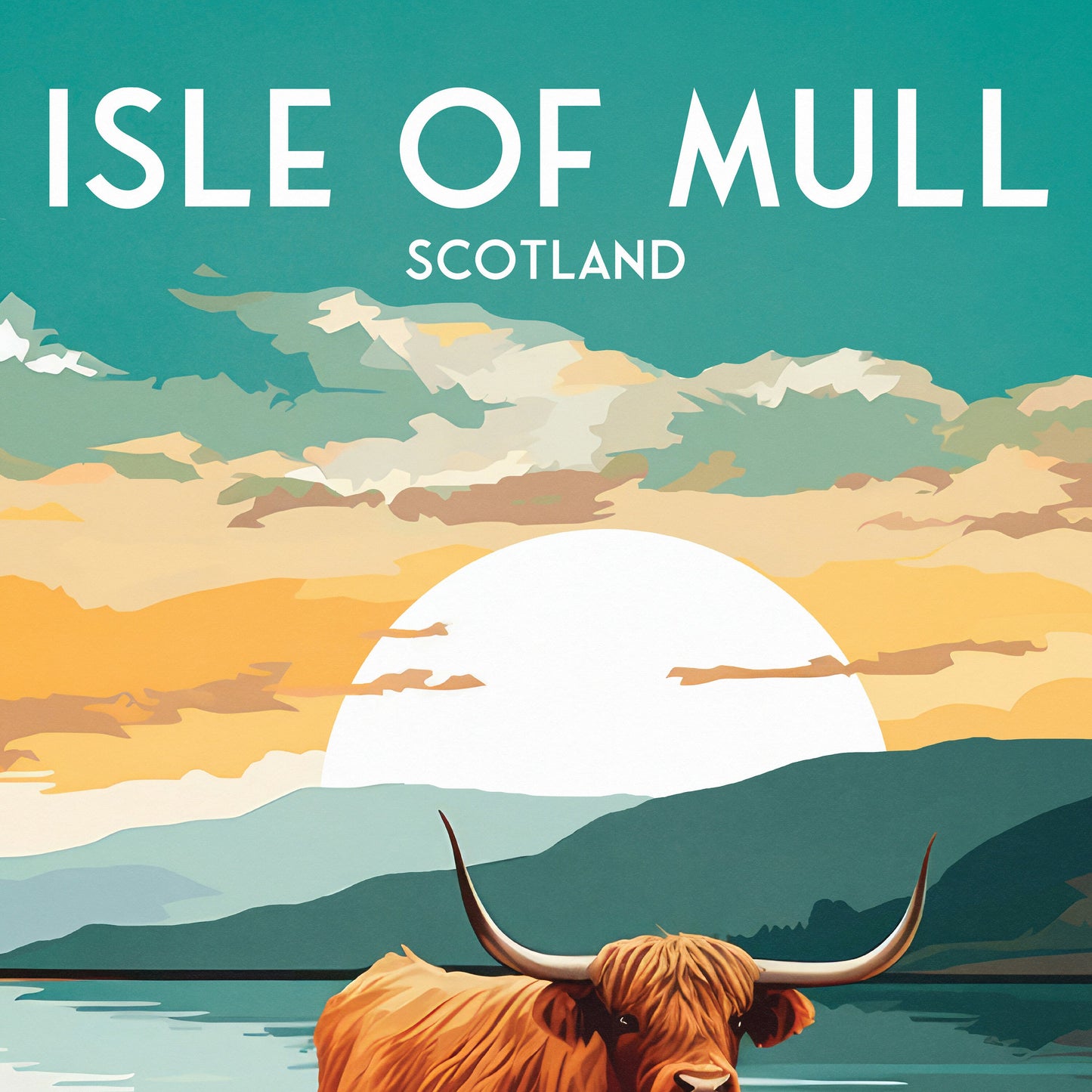 Isle of Mull Travel Poster - Highland Cow in the Sea | Scotland | Inner Hebrides | Argyll and Bute | Mull Print | Birthday Gift | Home Decor