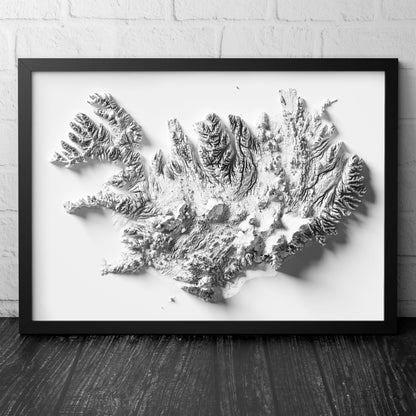 Iceland Art Relief Map - 2D Black and White Print - Iceland Geology  - Shaded Relief Map - retro map - kopavogur - Reykjavik - Icelandic Art