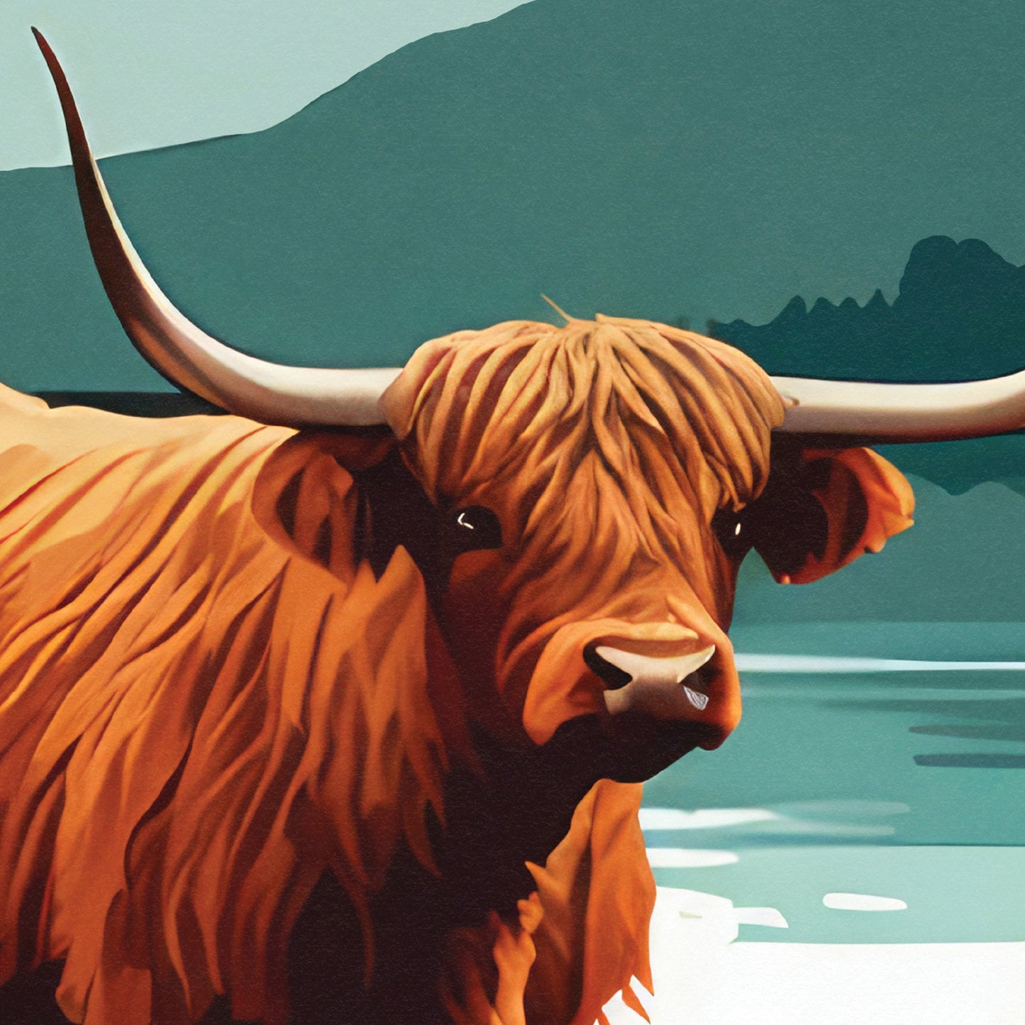 Isle of Mull Travel Poster - Highland Cow in the Sea | Scotland | Inner Hebrides | Argyll and Bute | Mull Print | Birthday Gift | Home Decor