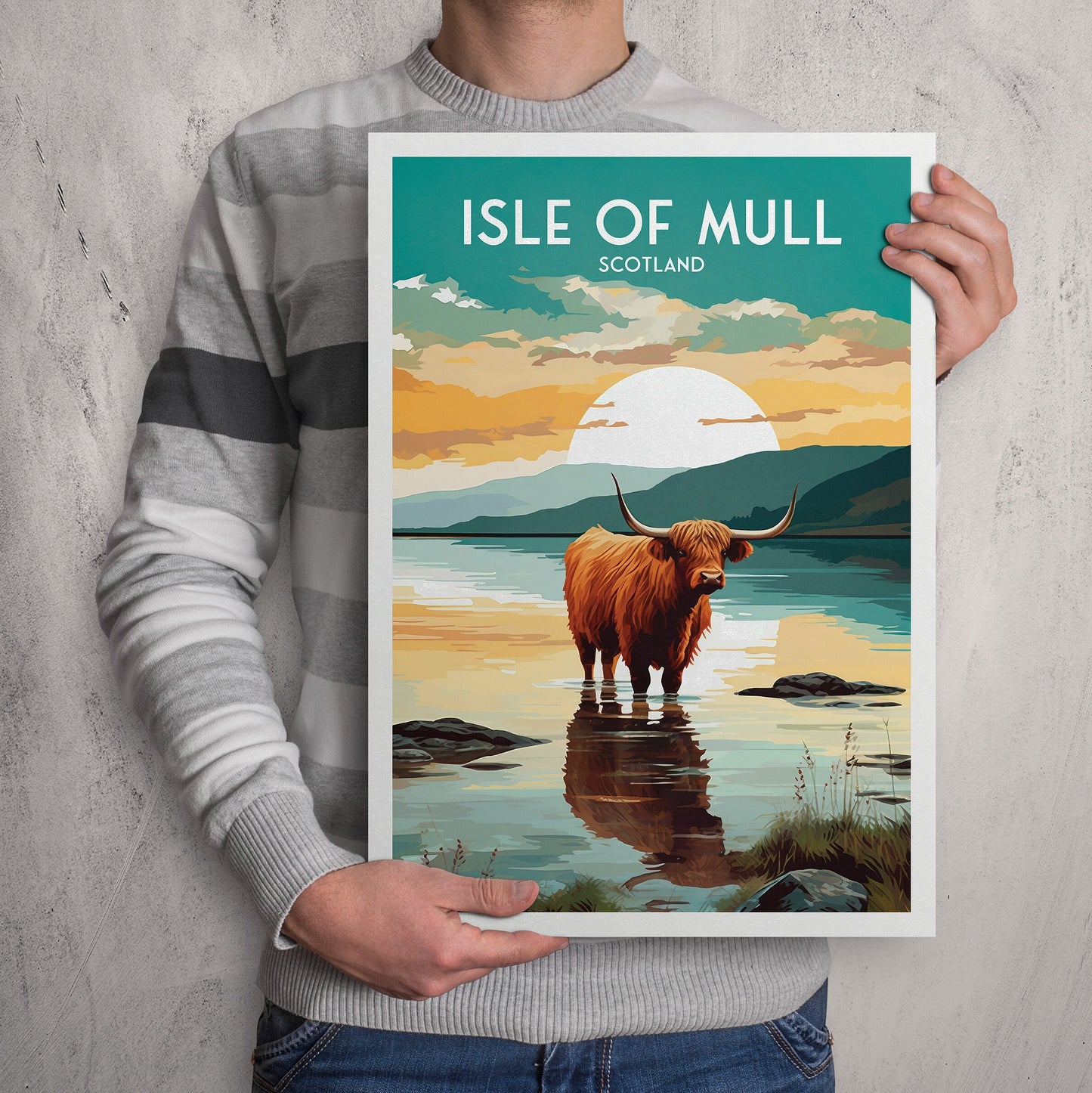 Isle of Mull Travel Poster - Highland Cow in the Sea | Scotland | Inner Hebrides | Argyll and Bute | Mull Print | Birthday Gift | Home Decor