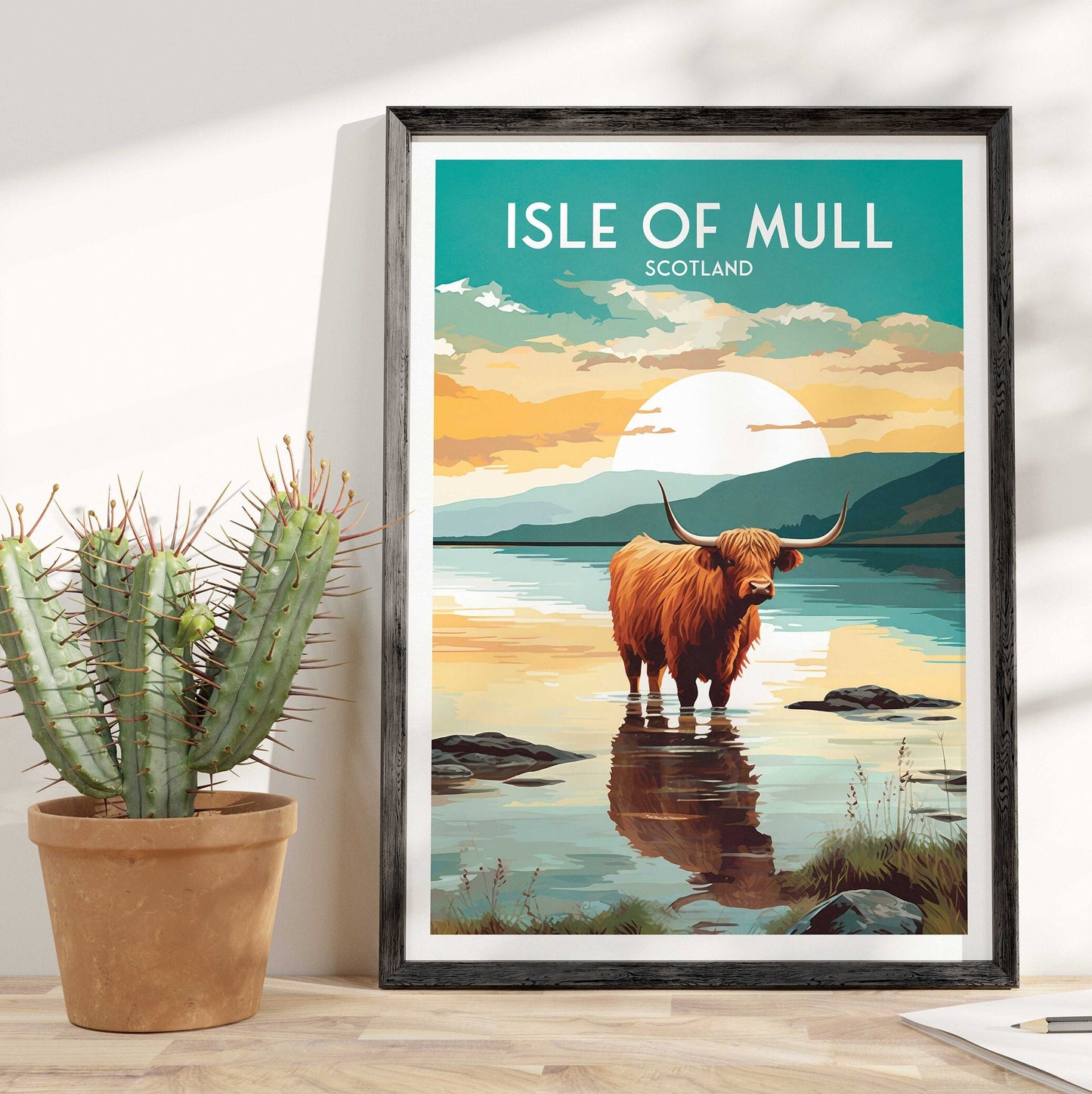 Isle of Mull Travel Poster - Highland Cow in the Sea | Scotland | Inner Hebrides | Argyll and Bute | Mull Print | Birthday Gift | Home Decor