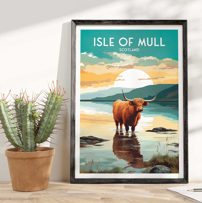 Isle of Mull Travel Poster - Highland Cow in the Sea | Scotland | Inner Hebrides | Argyll and Bute | Mull Print | Birthday Gift | Home Decor