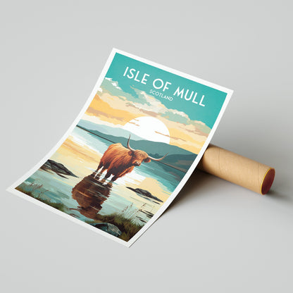 Isle of Mull Travel Poster - Highland Cow in the Sea | Scotland | Inner Hebrides | Argyll and Bute | Mull Print | Birthday Gift | Home Decor