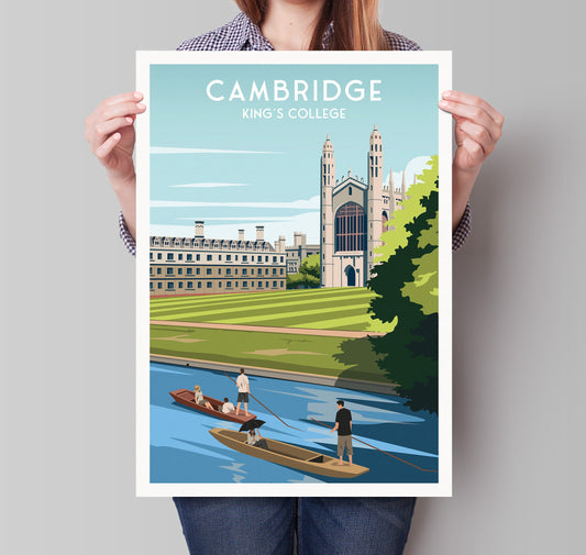 Cambridge Travel Poster featuring King's College and Punting Boats - England - Wall Art Print - Wedding gift