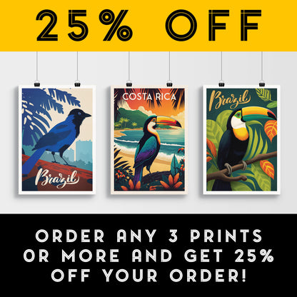 Costa Rica Print | Toucan | Travel Poster | Birthday Gift | Home Decor Artwork