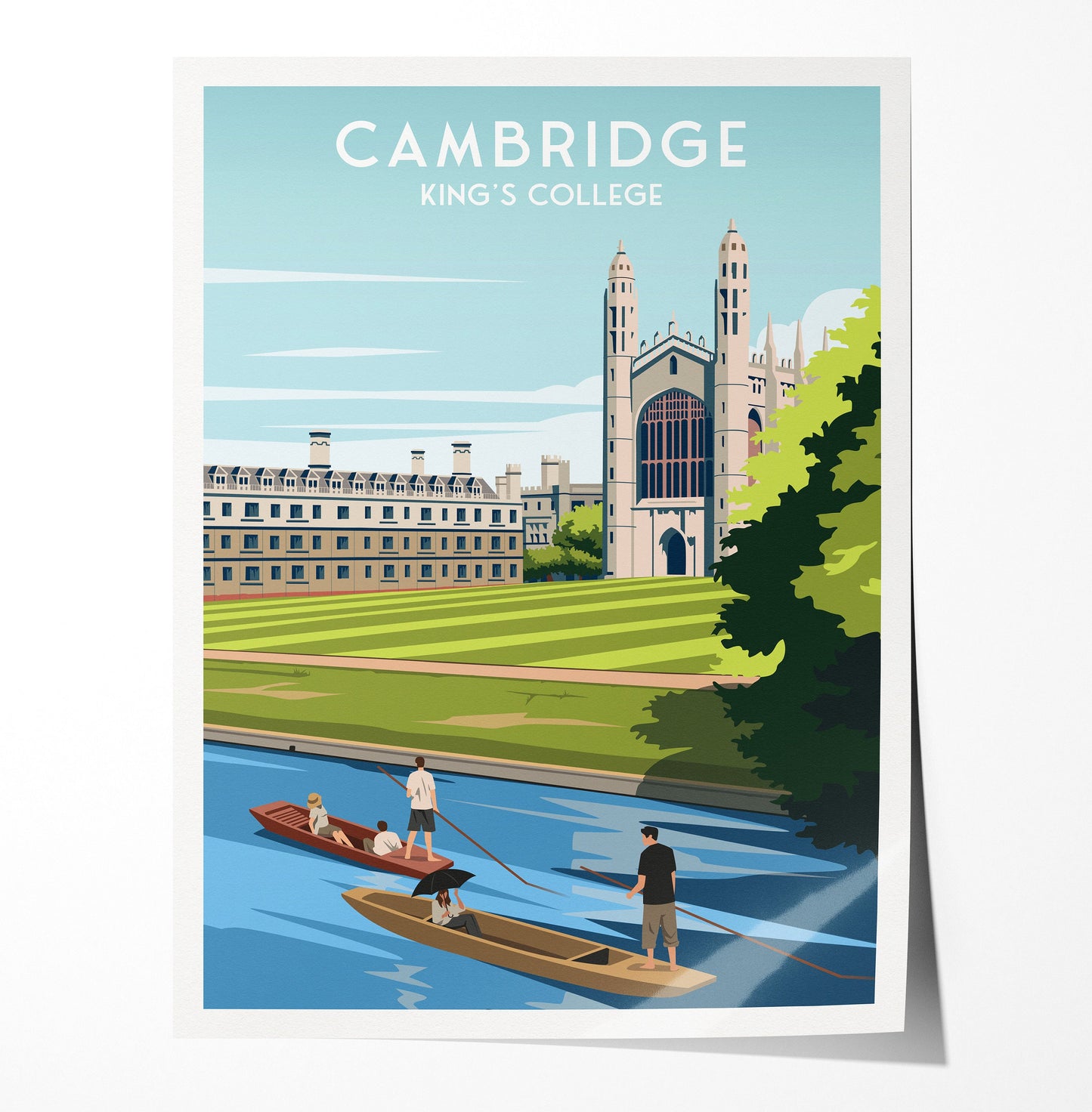 Cambridge Travel Poster featuring King's College and Punting Boats - England - Wall Art Print - Wedding gift