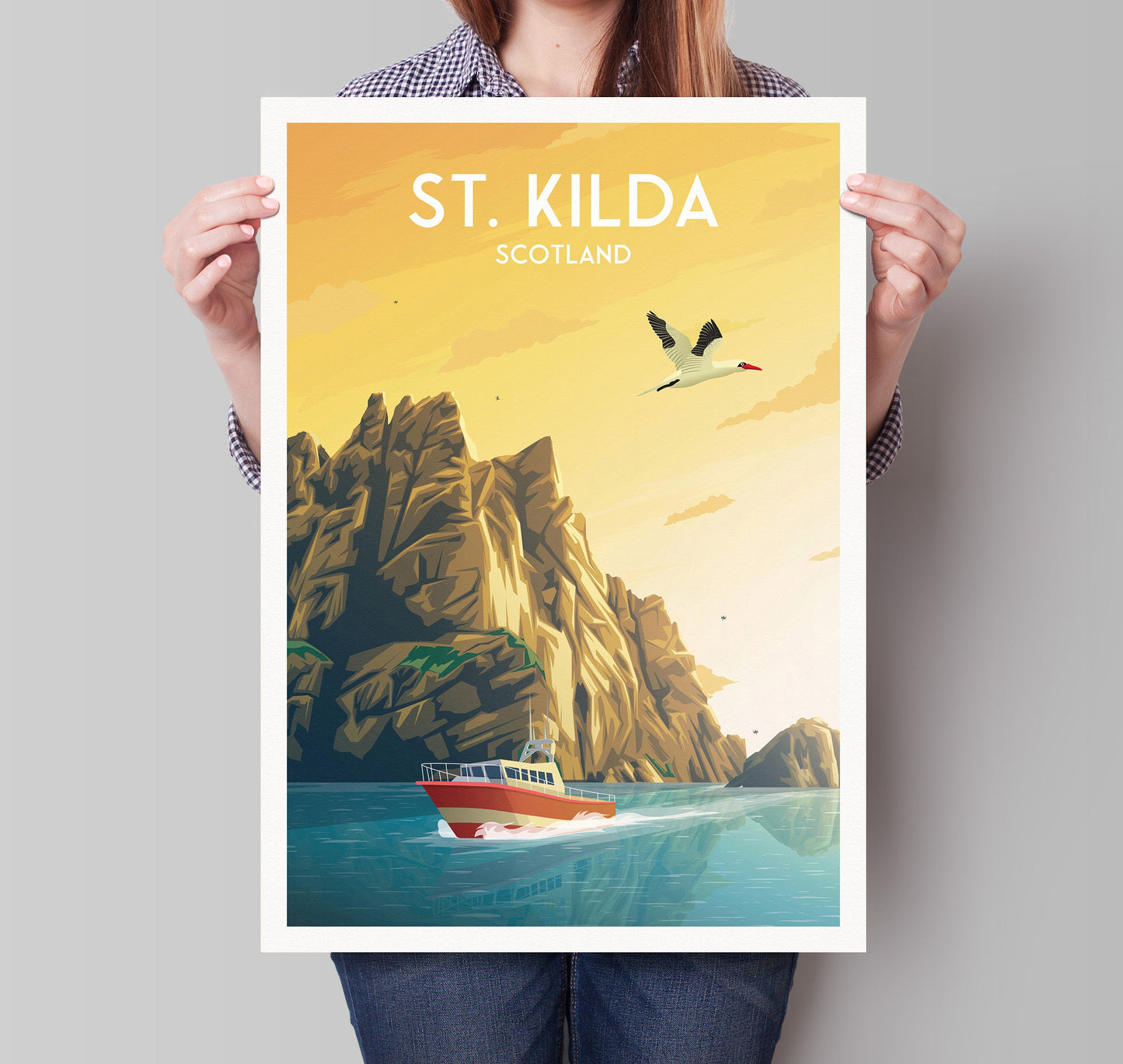 St. Kilda Print featuring Boreray - Gannets - St Kilda Archipelago - Travel Poster - Illustration  - St Kilda Archipelago -  Hirta - Dun