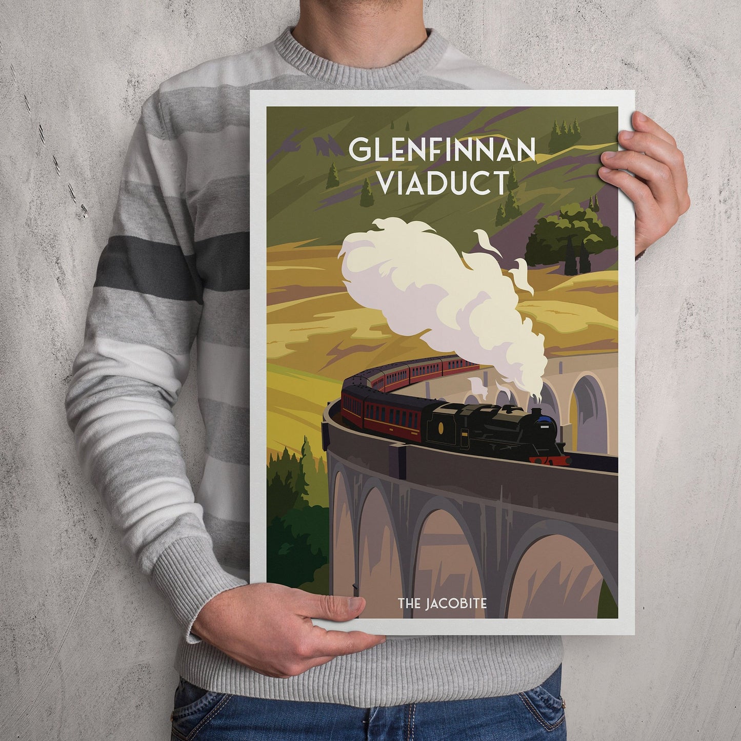 Glenfinnan Viaduct Poster, Railway Bridge Poster Vintage Jacobite Steam Train , West Highland Line, Scottish Art, Travel Poster