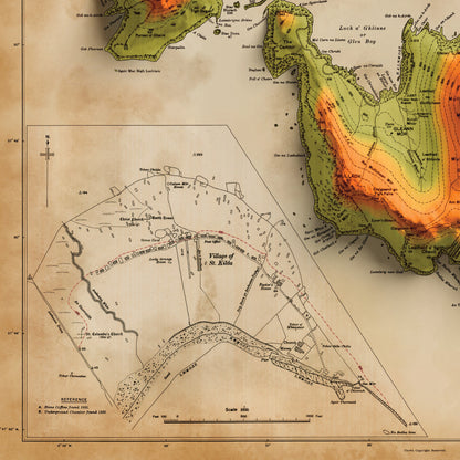 St Kilda Map - 2D Map of St Kilda or Hirta and adjacent islands with 3d illusion effect - Soay - Boreray - Dun - Vintage reproduction