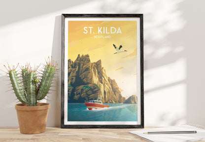 St. Kilda Print featuring Boreray - Gannets - St Kilda Archipelago - Travel Poster - Illustration  - St Kilda Archipelago -  Hirta - Dun