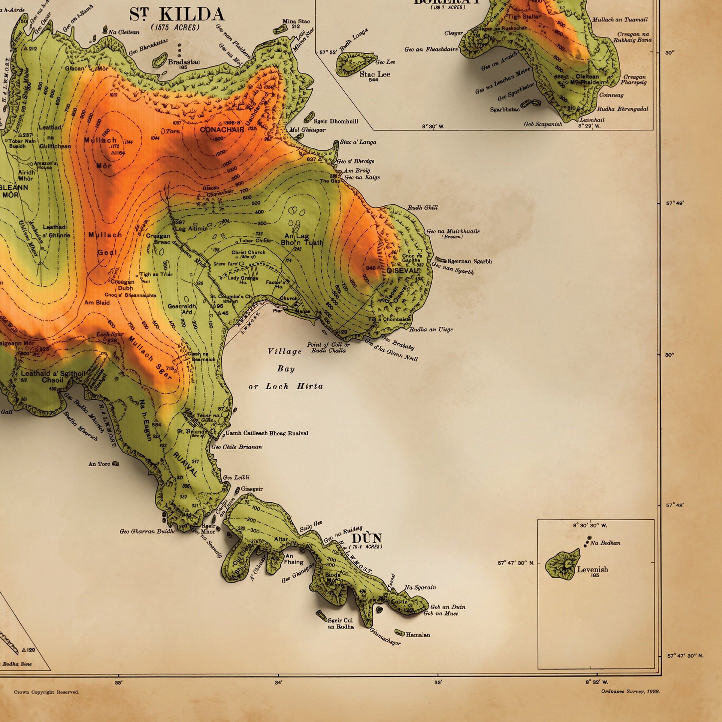 St Kilda Map - 2D Map of St Kilda or Hirta and adjacent islands with 3d illusion effect - Soay - Boreray - Dun - Vintage reproduction