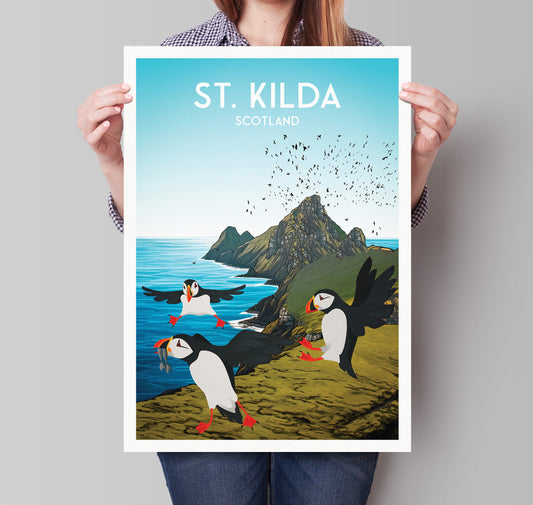 St. Kilda Print - Puffins - Gannets - St Kilda Archipelago - Hirta - Travel Poster - Illustration  - Scottish Island - St Kilda Archipelago
