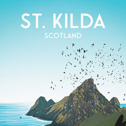 St. Kilda Print - Puffins - Gannets - St Kilda Archipelago - Hirta - Travel Poster - Illustration  - Scottish Island - St Kilda Archipelago