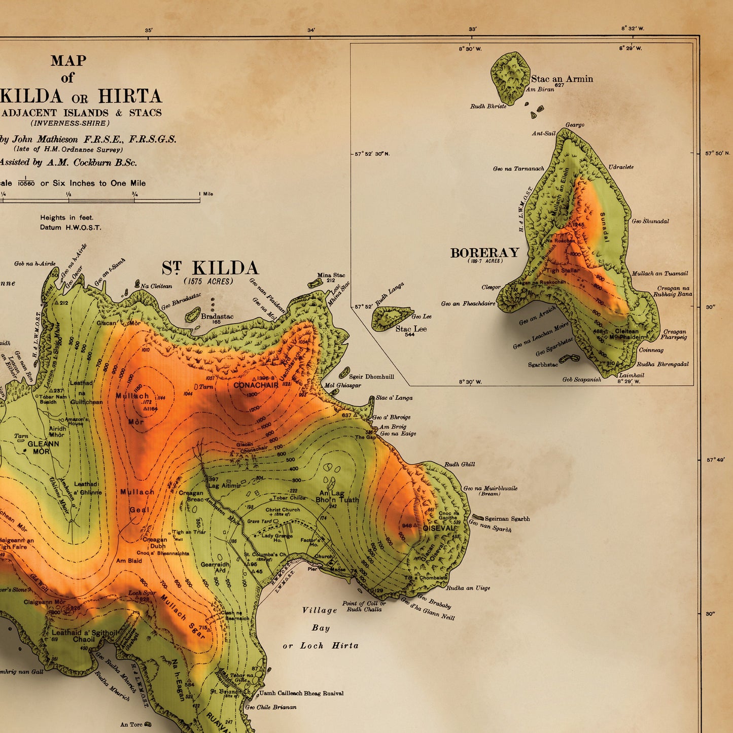 St Kilda Map - 2D Map of St Kilda or Hirta and adjacent islands with 3d illusion effect - Soay - Boreray - Dun - Vintage reproduction