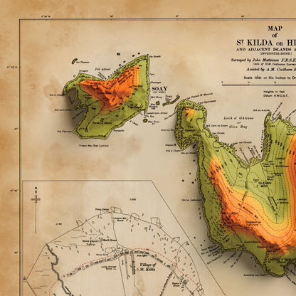 St Kilda Map - 2D Map of St Kilda or Hirta and adjacent islands with 3d illusion effect - Soay - Boreray - Dun - Vintage reproduction