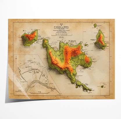 St Kilda Map - 2D Map of St Kilda or Hirta and adjacent islands with 3d illusion effect - Soay - Boreray - Dun - Vintage reproduction