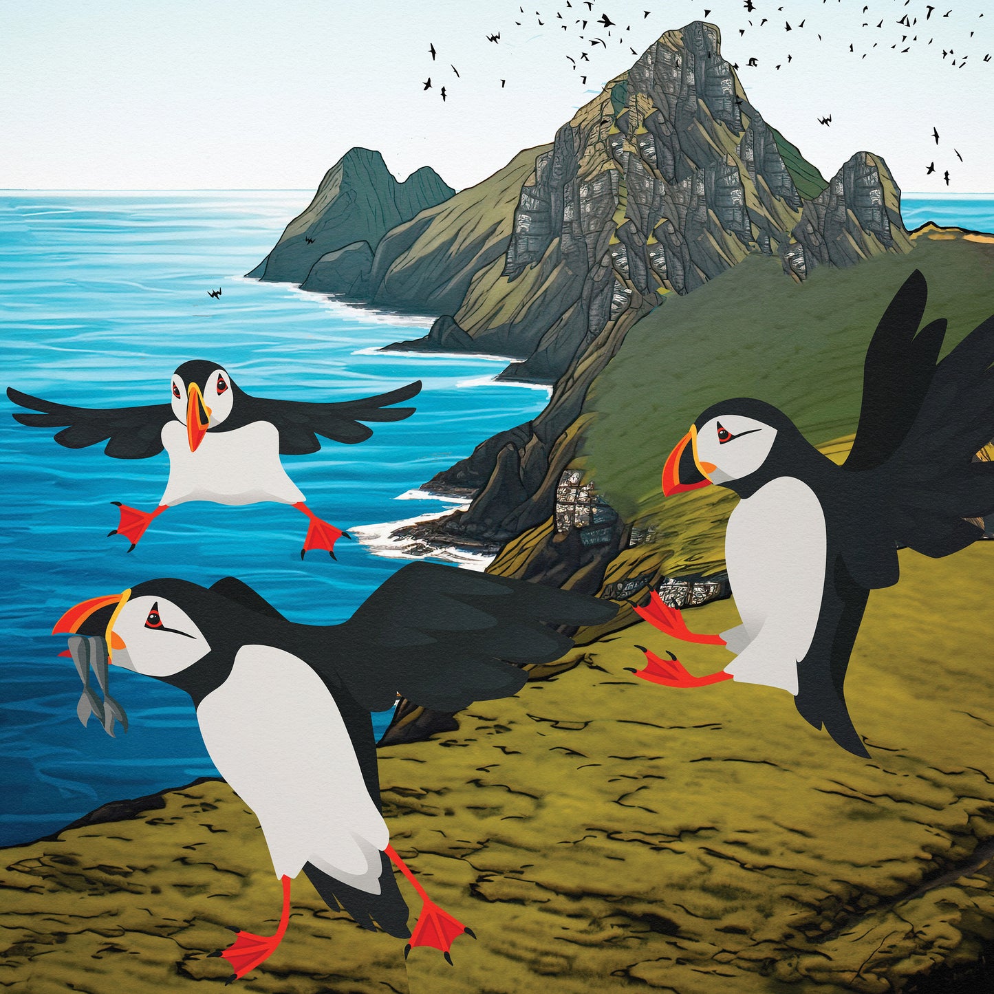 St. Kilda Print - Puffins - Gannets - St Kilda Archipelago - Hirta - Travel Poster - Illustration  - Scottish Island - St Kilda Archipelago