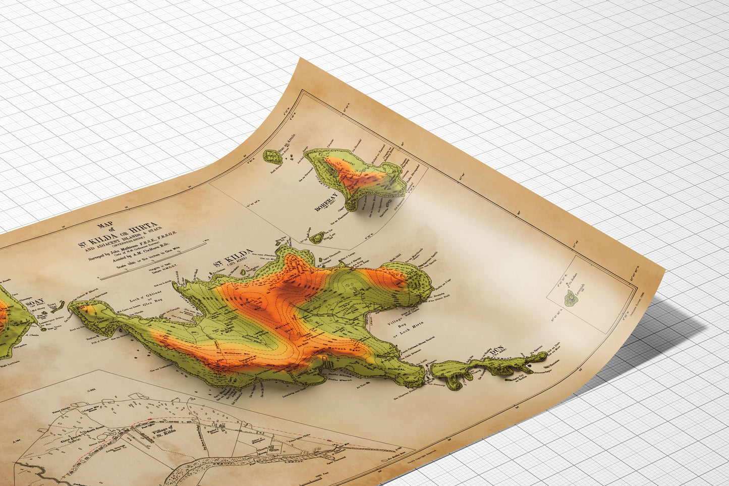 St Kilda Map - 2D Map of St Kilda or Hirta and adjacent islands with 3d illusion effect - Soay - Boreray - Dun - Vintage reproduction