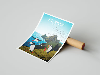 St. Kilda Print - Puffins - Gannets - St Kilda Archipelago - Hirta - Travel Poster - Illustration  - Scottish Island - St Kilda Archipelago