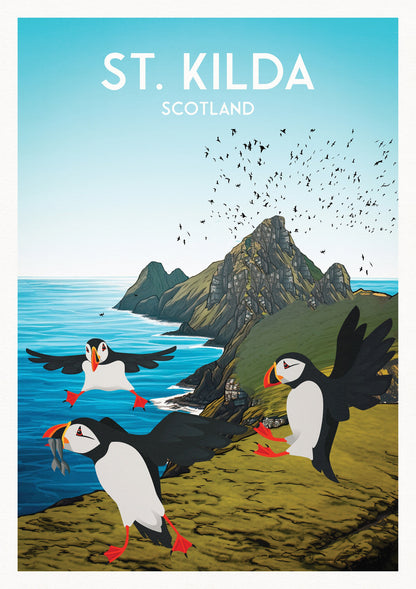 St. Kilda Print - Puffins - Gannets - St Kilda Archipelago - Hirta - Travel Poster - Illustration  - Scottish Island - St Kilda Archipelago