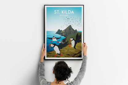 St. Kilda Print - Puffins - Gannets - St Kilda Archipelago - Hirta - Travel Poster - Illustration  - Scottish Island - St Kilda Archipelago