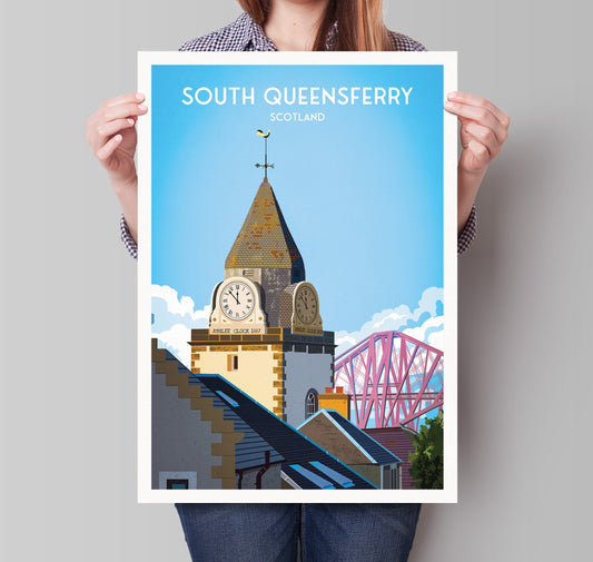 South Queensferry Travel Poster featuring Forth Bridge and Jubilee Clock Tower - Wall Art Print