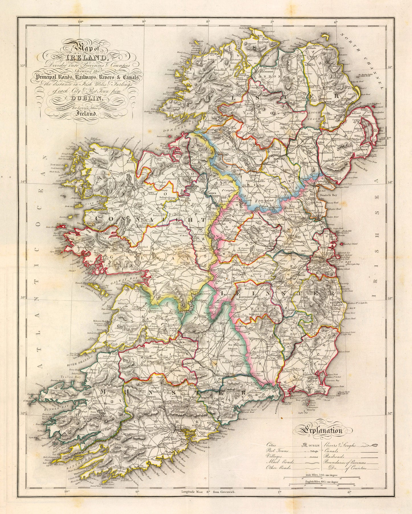 Ireland Map - Old Antique Reproduction Print of Ireland - 1846