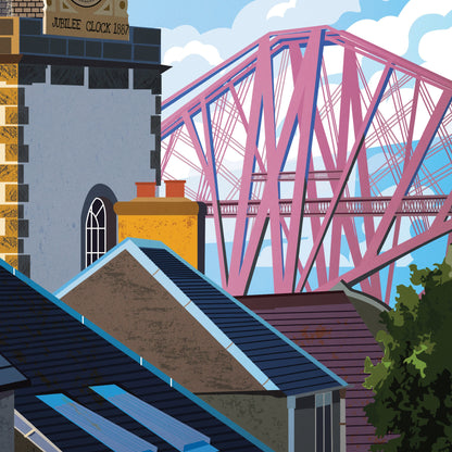 South Queensferry Travel Poster featuring Forth Bridge and Jubilee Clock Tower - Wall Art Print