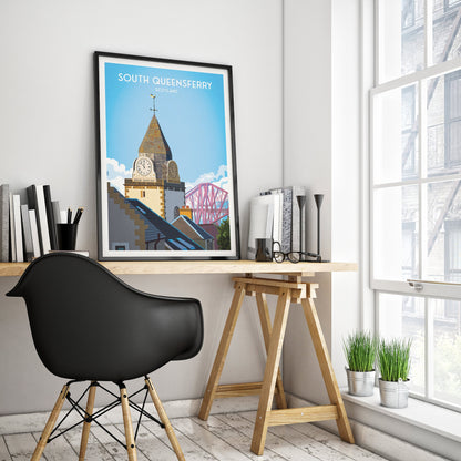 South Queensferry Travel Poster featuring Forth Bridge and Jubilee Clock Tower - Wall Art Print