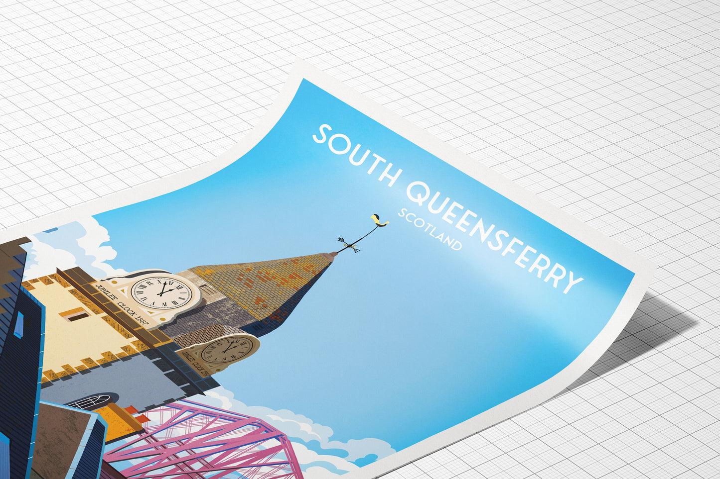 South Queensferry Travel Poster featuring Forth Bridge and Jubilee Clock Tower - Wall Art Print