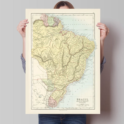 Brazil, Uruguay, Paraguay & Guayana Map, Brazil Map | Old Map of the South America | 1884 | Vintage Reproduction Print