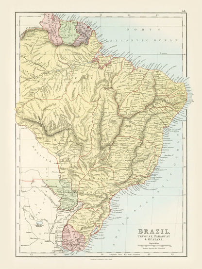 Brazil, Uruguay, Paraguay & Guayana Map, Brazil Map | Old Map of the South America | 1884 | Vintage Reproduction Print