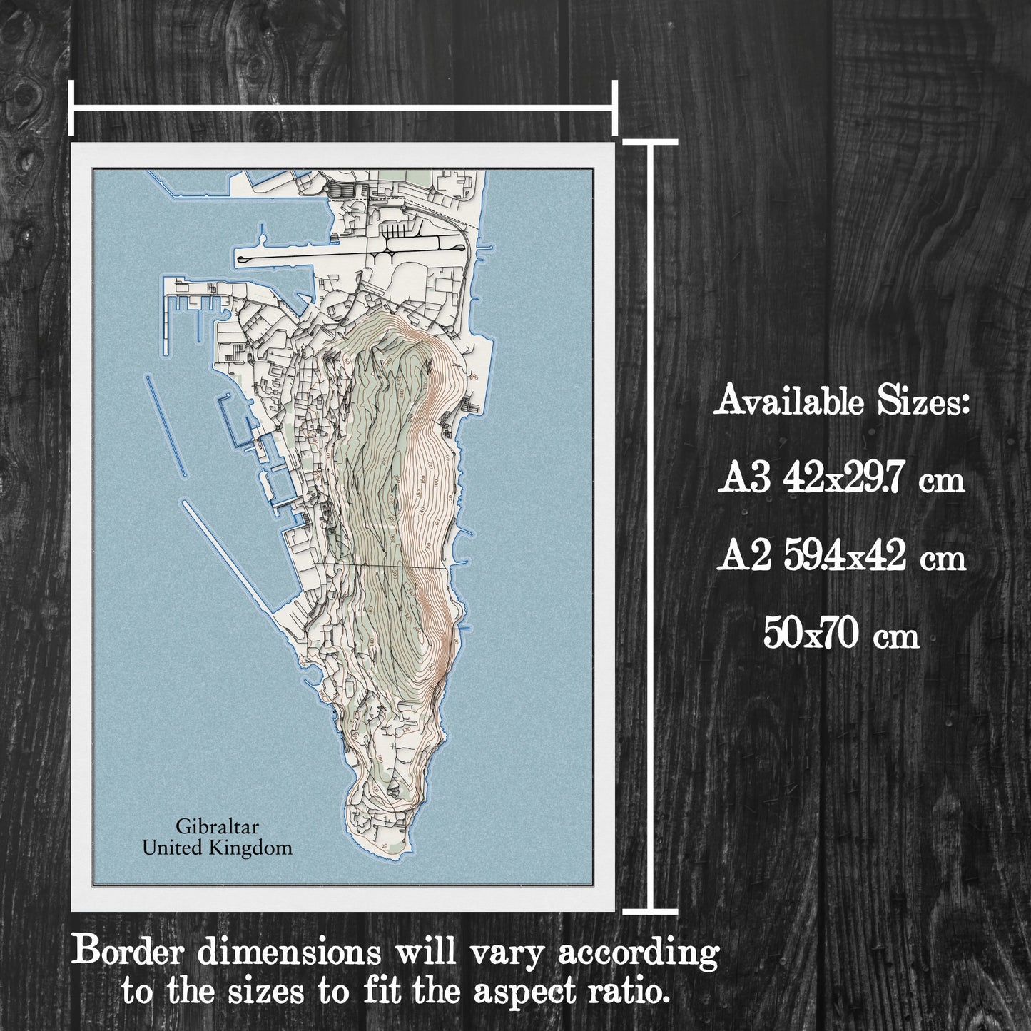 Gibraltar Topographic Contour Map With 3D Illusion - Home Decor Wall Art - City Map Poster