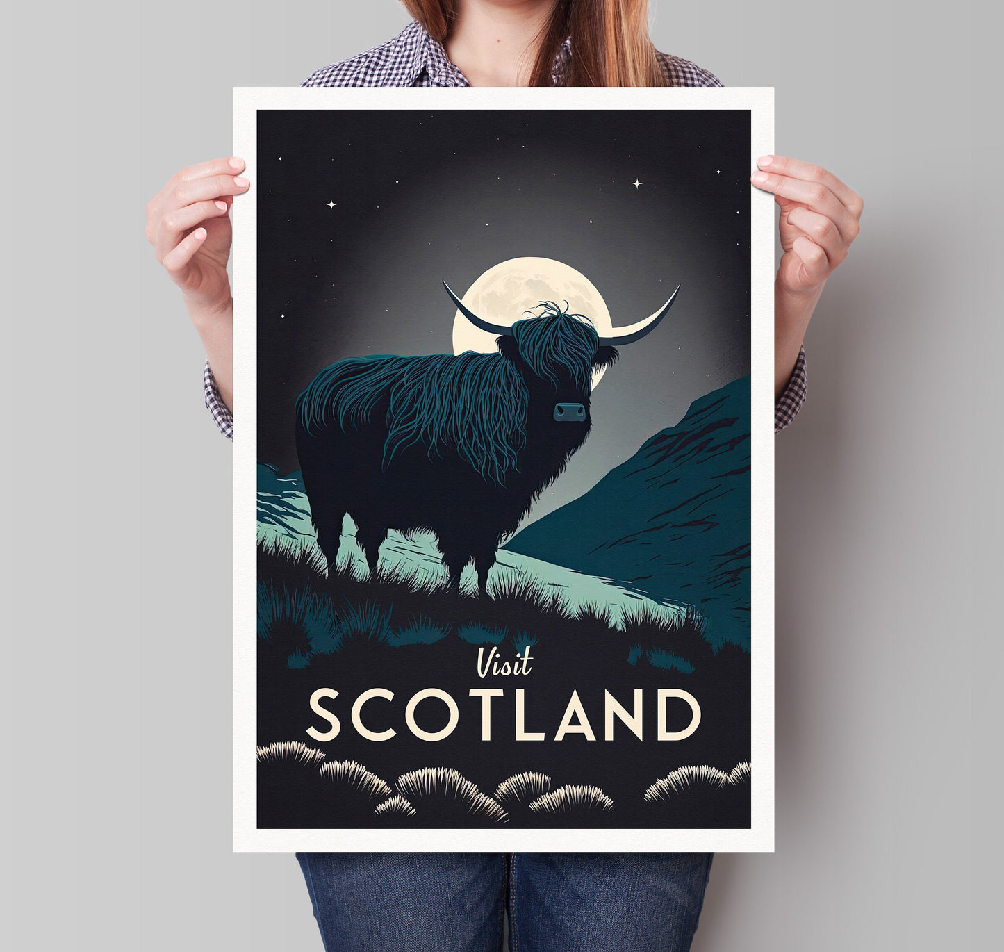 Scotland Print - Highland Cow under Moonlit Sky - Scotland Travel Poster - Highland Coo