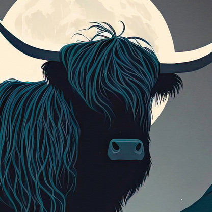 Scotland Print - Highland Cow under Moonlit Sky - Scotland Travel Poster - Highland Coo