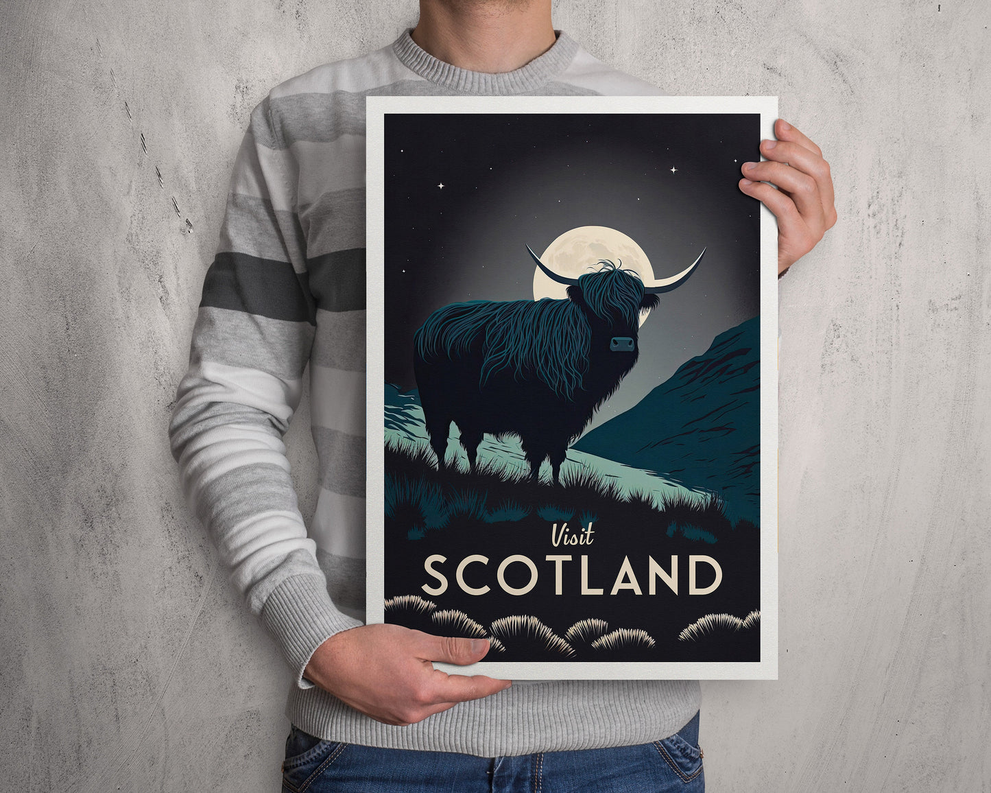 Scotland Print - Highland Cow under Moonlit Sky - Scotland Travel Poster - Highland Coo