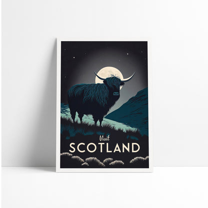 Scotland Print - Highland Cow under Moonlit Sky - Scotland Travel Poster - Highland Coo