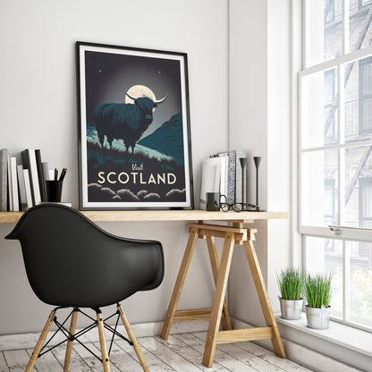 Scotland Print - Highland Cow under Moonlit Sky - Scotland Travel Poster - Highland Coo