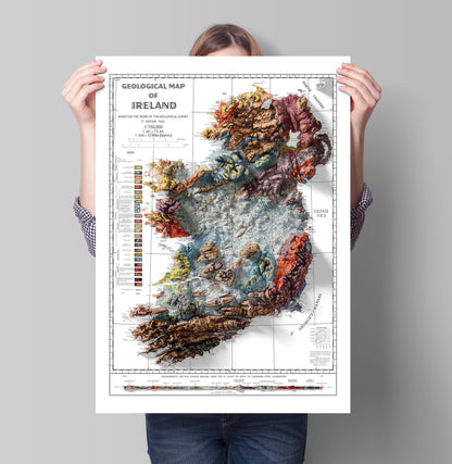 Ireland Geological Map - 3D effect relief Print, Ireland Relief Map, Ireland Topo Map, Dublin, Limerick, Ulster, Connaught, Munster,Leinster