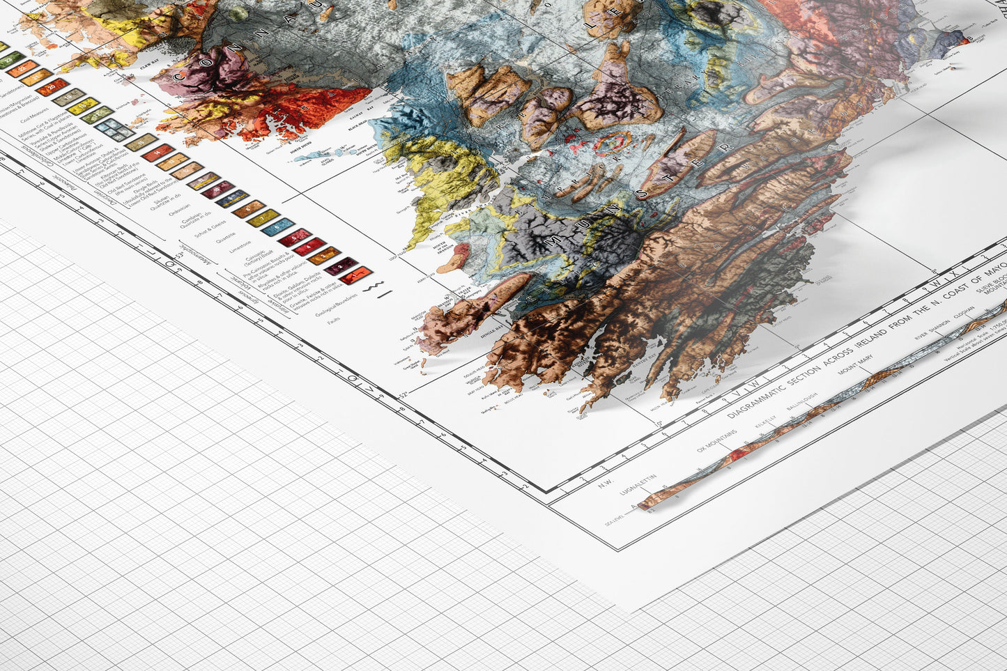 Ireland Geological Map - 3D effect relief Print, Ireland Relief Map, Ireland Topo Map, Dublin, Limerick, Ulster, Connaught, Munster,Leinster