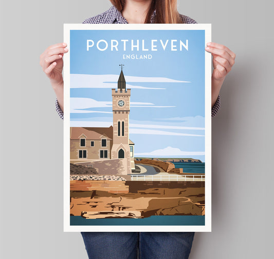 Porthleven Print - Travel Poster - Cornwall - England - Clock Tower - Porthleven Harbour