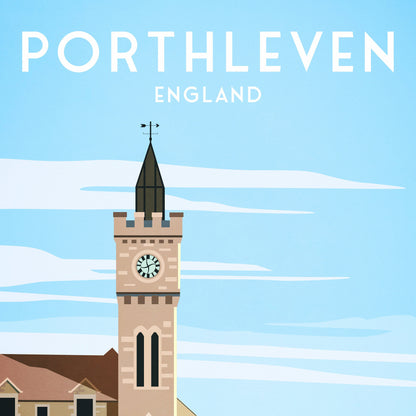 Porthleven Print - Travel Poster - Cornwall - England - Clock Tower - Porthleven Harbour