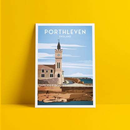 Porthleven Print - Travel Poster - Cornwall - England - Clock Tower - Porthleven Harbour